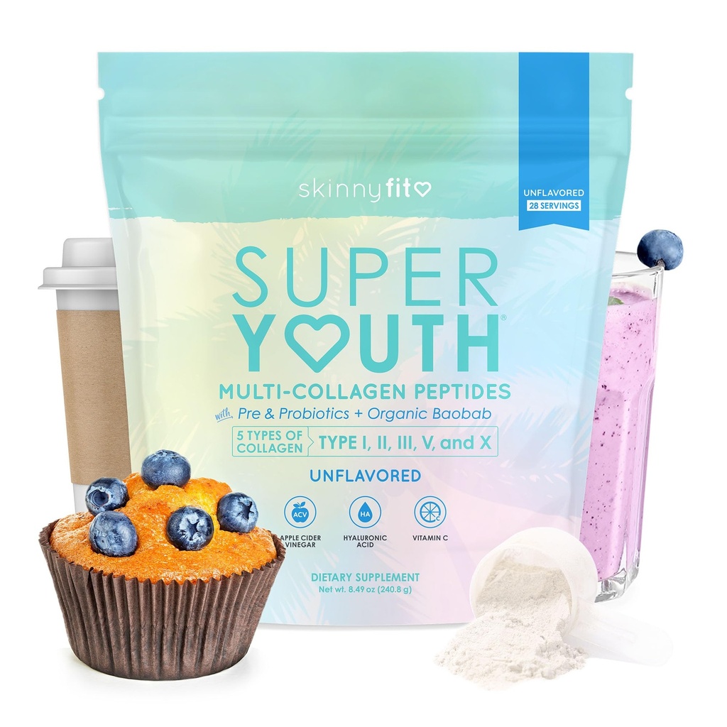 SkinnyFit - Super Youth Collagen für Damen - Multi Collagen Peptides Powder - Probiotics, Fiber, Hyaluronsäure - Non GMO, Glutenfrei, Sugar Free - Beauty & Self Care - Unflavored (28 Servierungen)