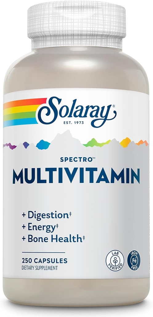 SOLARAY Spectro Multivitamin, Eisenfrei - Multi Vitamin w/Calcium, Magnesium, Energizing Greens, Verdauungsenzyme - Verdauung, Zellenergie, Knochengesundheit, Immununterstützung, 41 Servierungen, 250 Kapseln