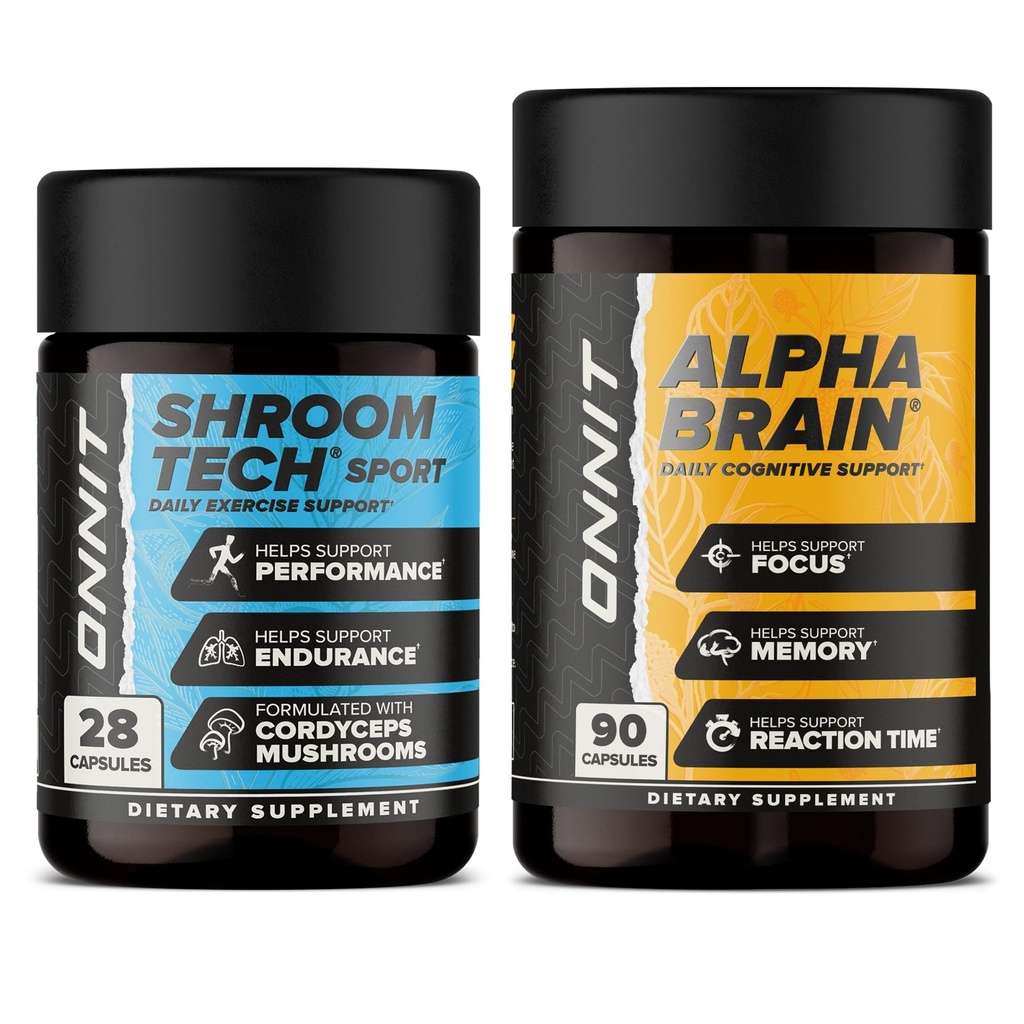 ONNIT Cognitive & Endurance Support Bundle: Alpha Brain Nootropic Capsules (90 Count) + Shroom Tech Sport Exercise Support Capsules (28 Count), IGEN Non-GMO Tested Focus, Energy & Endurance, 2 Pack