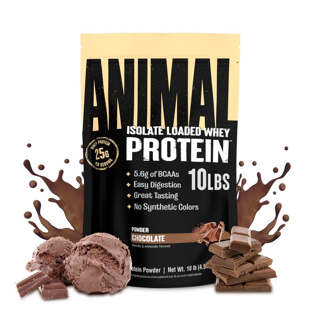 Animal Whey Isolate Protein Powder - Loaded for Pre & Post Workout Muscle Builder and Recovery with Digestive Enzymes for Men & Women - 25g Protein, Great Taste, Low Sugar - Schokolade 10 lbs