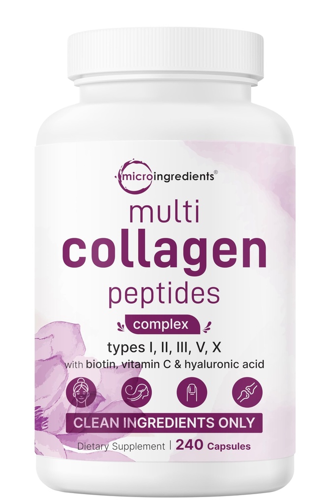 Micro Ingredients Multi Collagen Pillen für Frauen und Männer, 240 Kapseln | Typ I, II, III, V, X - hydrolysierte Peptide mit Biotin, Hyaluronsäure & Vitamin C | Haar, Haut, Nagel & Gelenkunterstützung*