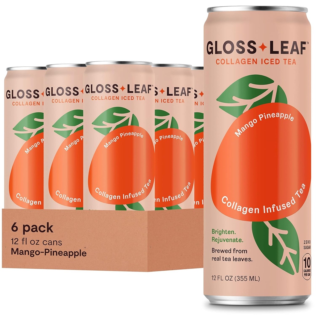 Gloss Blatt Collagen Iced Tea (Zero-Sugar, Mango-Pineapple): Schwarzer Tee mit Collagen Peptides Protein & Vitamin C, Beauty & Anti-Aging, 12 Fl Oz, 6 Pack