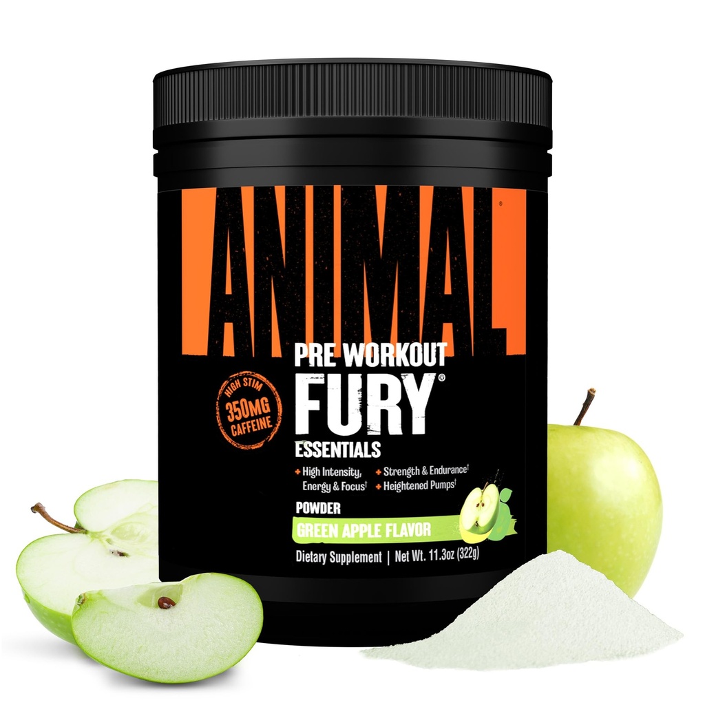 Animal Fury Pre Workout Powder - Grüner Apfel, 350mg Koffein, BCAA Aminosäuren, 2g Beta Alanine, Citrulline & Tyrosin, Energie, Fokus, Stärke, Ausdauer, Vorarbeit für Männer & Frauen, 20 Servierungen
