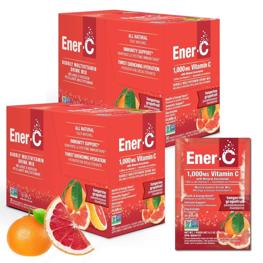 Ener-C Tangerine & Grapefruit Multivitamin Drink Mix, 1000mg Vitamin C, Non-GMO, Vegan, echte Fruchtsaftpulver, natürliche Immunität Unterstützung, Elektrolyte, Glutenfrei, 2-Packs von 30 (60 Count)
