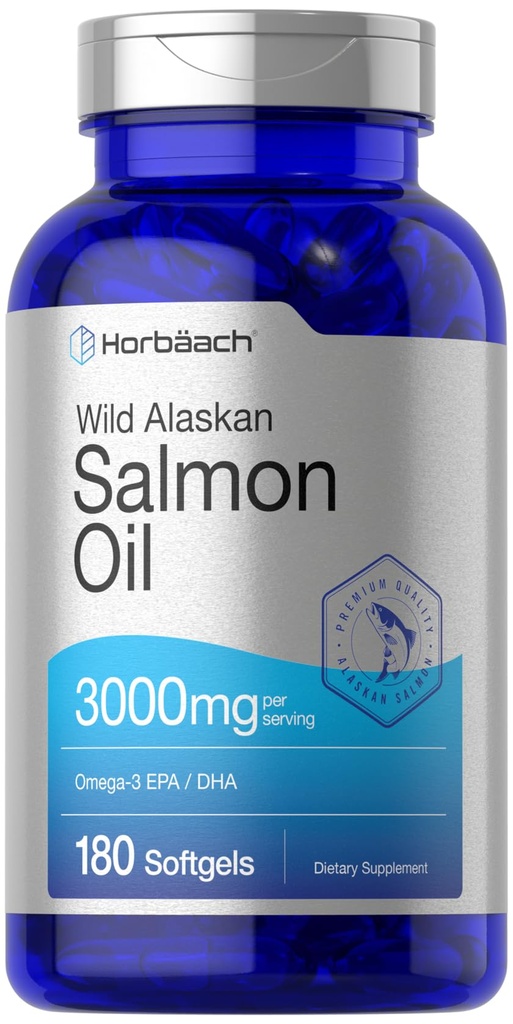 Horbäach Wild Alaskan Lachs Fischöl | 180 Softgel Kapseln | Glutenfrei, Non-GMO | Hohe Potenz | Hervorragende Quelle von Omega-3 Fettsäuren EPA und DHA