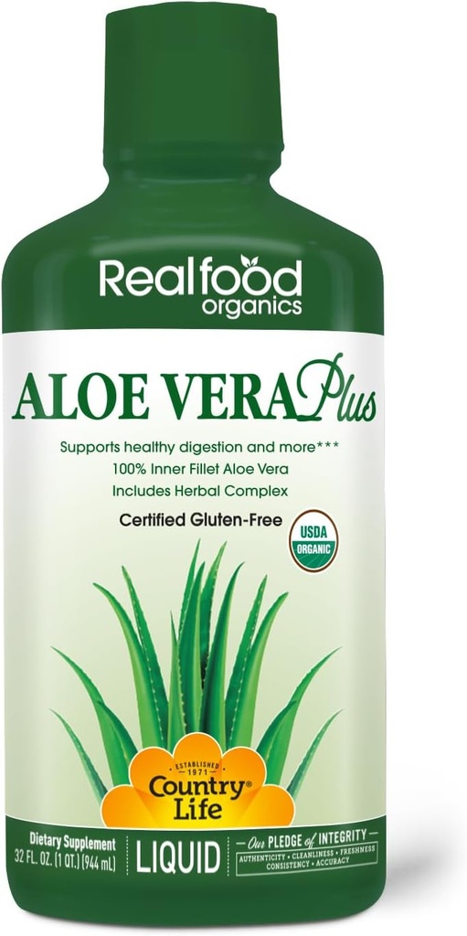 Country Life Realfood Bios Liquid Aloe Vera Plus - Unterstützt Verdauungs- und Immunsystem - mit Slippery Elm, Ginger, Turmeric, Peppermint - Organic ACTIValoe, Qmatrix Process - 32 oz