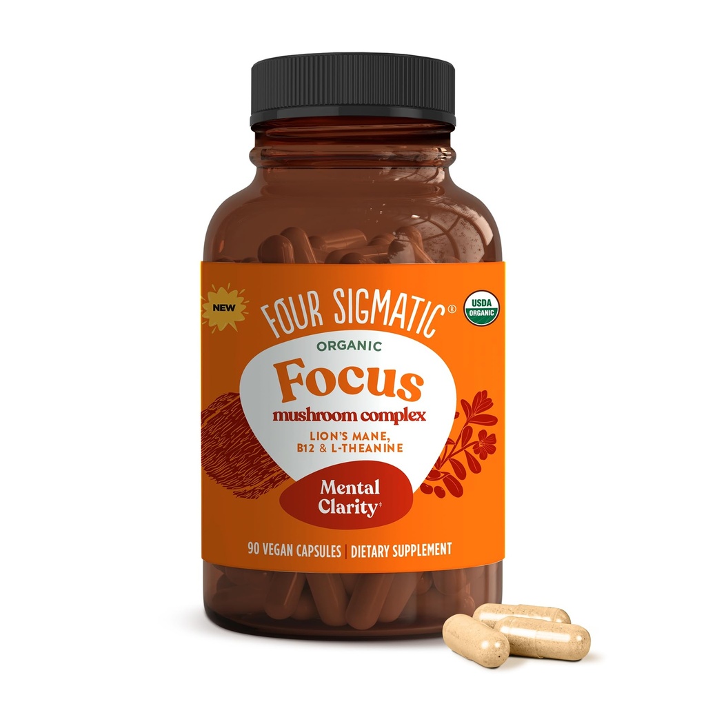 Vier Sigmatic Focus Kapseln | Lion's Mane Supplement Kapseln | Brain Boosting Complex mit Ashwagandha, Bacopa Monnieri & Rhodiola | Vegan Nootropic Adaptogen & Pilz Supplement | 30 Servierungen