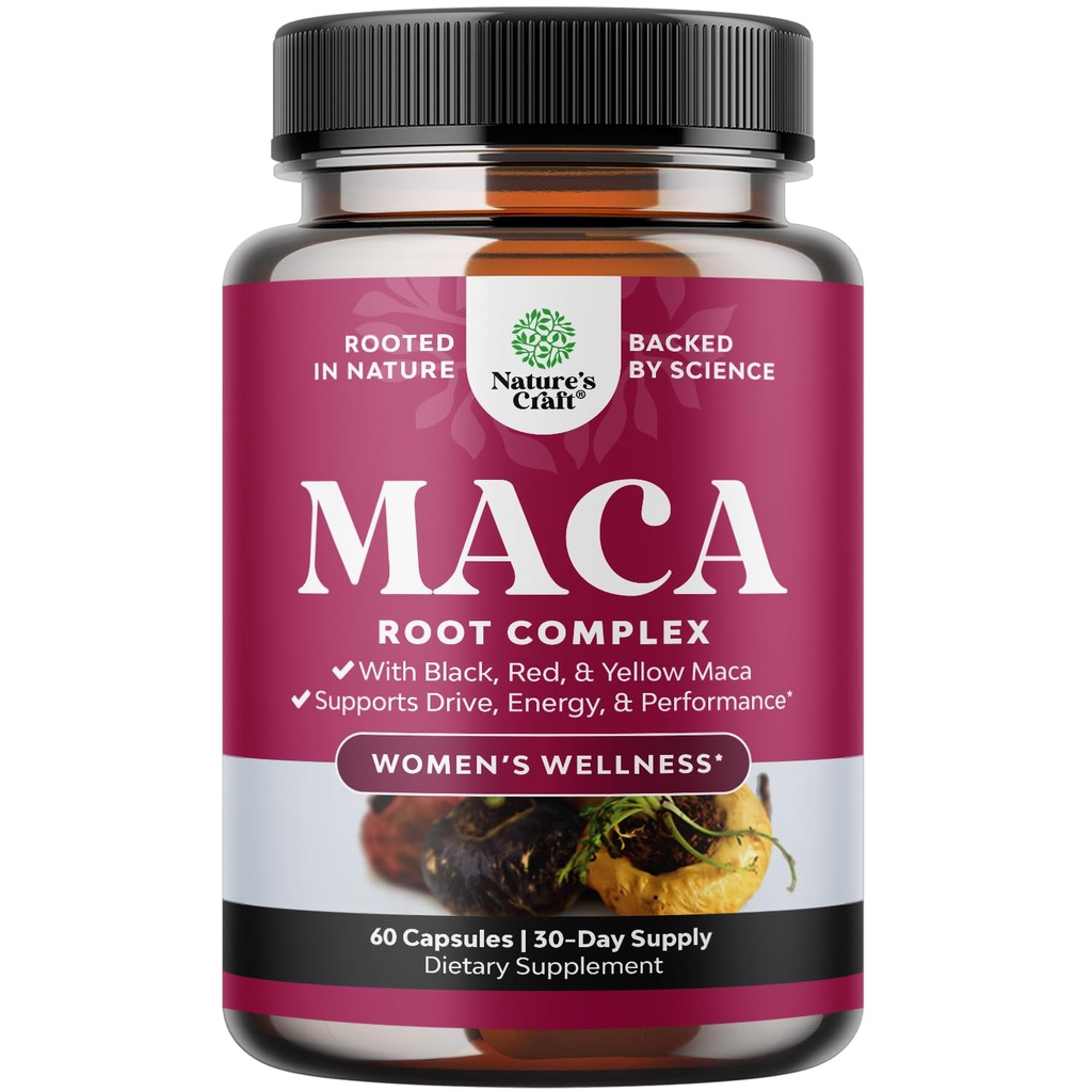 Maca Root Capsules for Women - Potent Herbal Supplement with Female Enhancing Blend of Red Yellow & Black Maca Root - Non-GMO Certified Vegan and Gluten-Free with No Artificial Colors - 60 Count