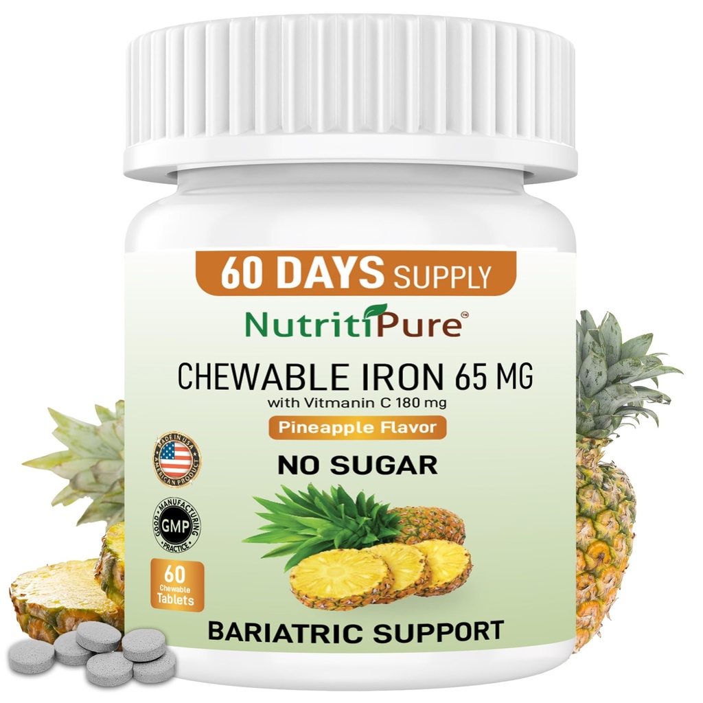Chewable Iron Carbonyl 65 mg mit Vitamin C 180 mg (für Frauen/Men) - Tablet in Ananas Flavor 60 Count (1)