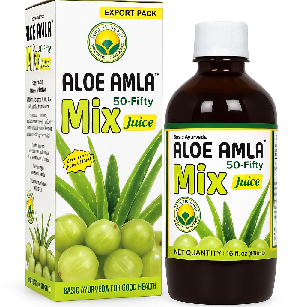 Basic Ayurveda Aloe Amla Mix Juice | Blend of Aloe Vera & Amla Fruit | First Press Virgin Juice | Plant-Based Daily Drink | Vegan & Non-GMO | 16.23 Fl Oz (Pack von 2)