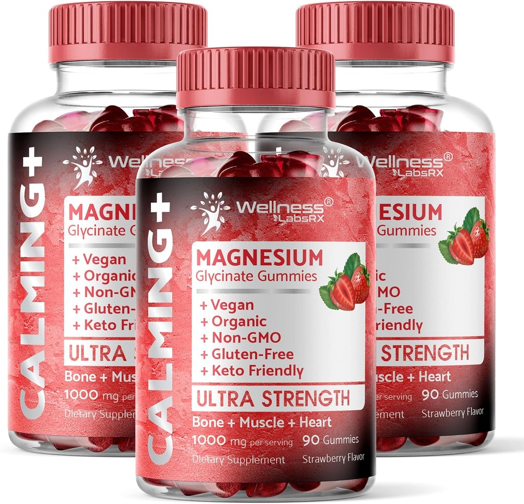 Magnesium Glycinate Gummis, 1000 mg - Magnesium-Ergänzung zur Unterstützung Erholung, Herzgesundheit - Kaugummi Magnesio-Gummi für Erwachsene, Glicinato De Magnesio - Erdbeer-Flamvor - Packung mit 3