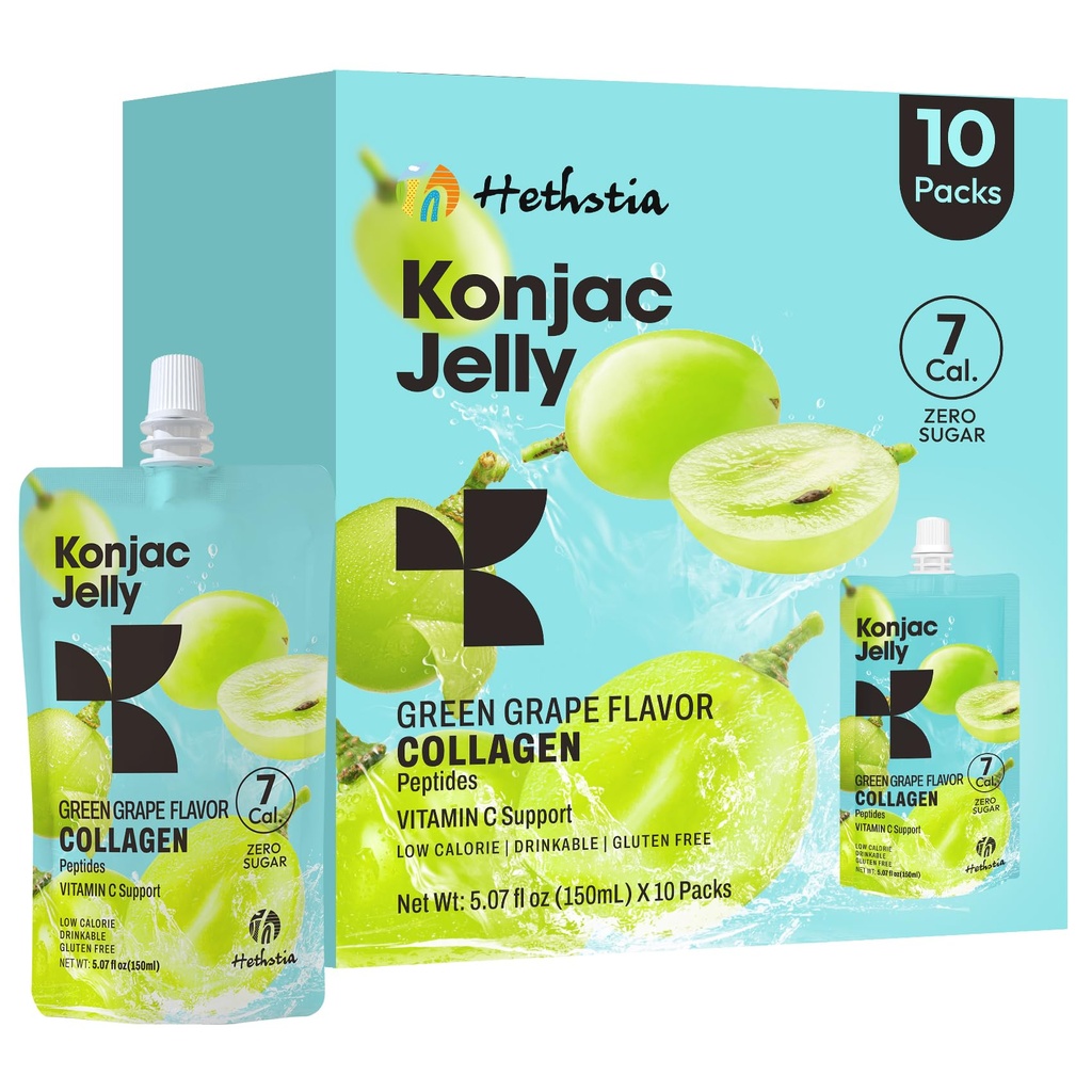 Hethstia Konjac Jelly Green Grape Flavor, 10 Pouches, Trinker Grape Jelly mit Collagen Peptides, 7 Kcal, Sugar Free, Gluten Free, Keto, Vegan, On-The-Go Chewy Light Snacks