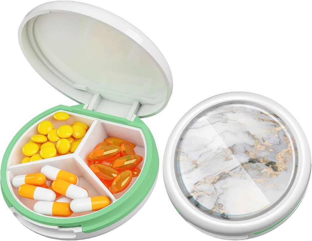 Serfeymi Small Pill Box - 3 Komponenten Tragbare Pille Box für Geldbörse Tasche, Compact Mini Travel Pill Case - Geeignet für Medizin, Vitamin, Fish Oil, Supplements - Weiß( Marmor)