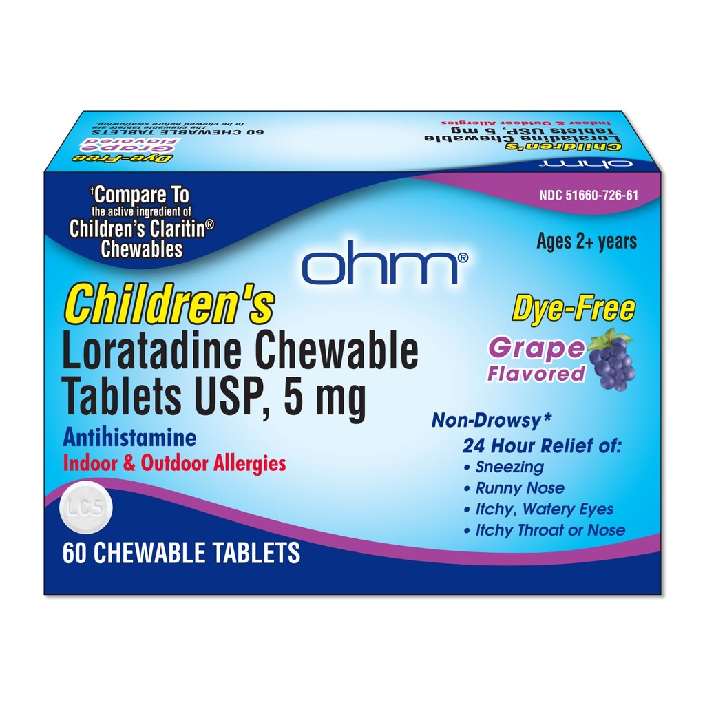 Ohm Kinder Loratadine Chewable Tablets, Dye Free, Grape, Non-Drowsy 24h Relief von Niesen, Runny Nose, Itchy Watery Eyes,Throat oder Nase, Antihistamin, Indoor & Outdoor Allergien, 5mg, 60 Tabletten