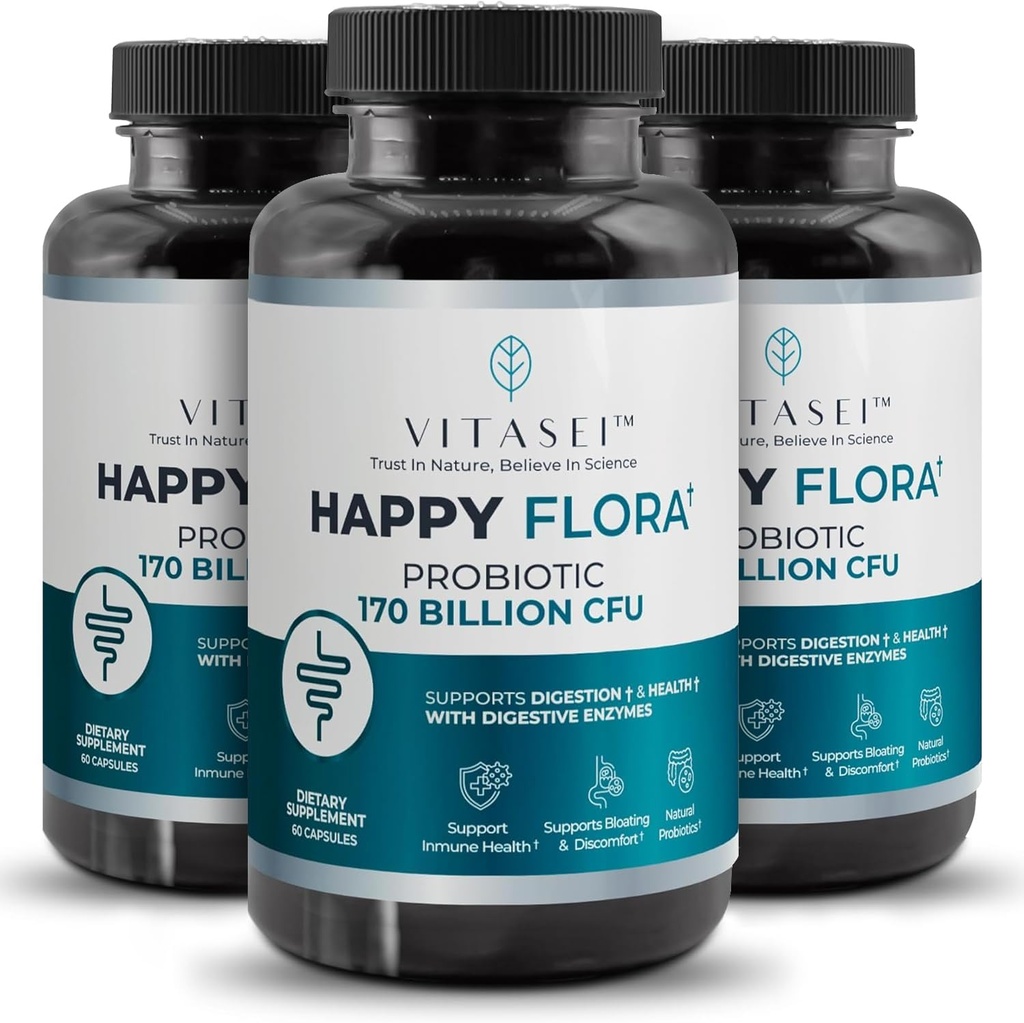 VITASEI Happy Flora, Probiotic Supplement 170 Billion CFU für eine gesunde Gut Gesundheit mit Enzymen für Verdauung, Probiotika für Frauen und Männer, 3 Flasche - 180 Kapseln