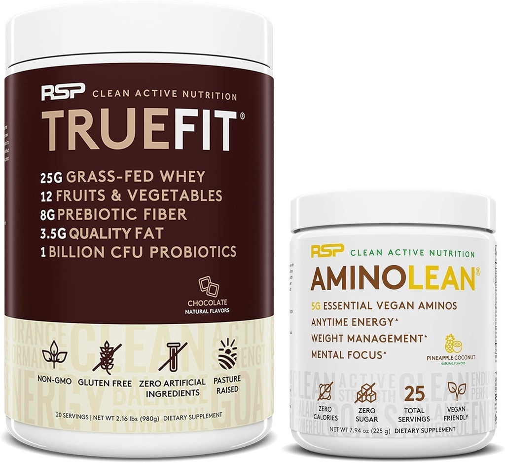 RSP NUTRITION Vegan AminoLean Pre Workout Energy (Pineapple Coconut 25 Servings) mit TrueFit Protein Powder (Chocolate 2 LB)