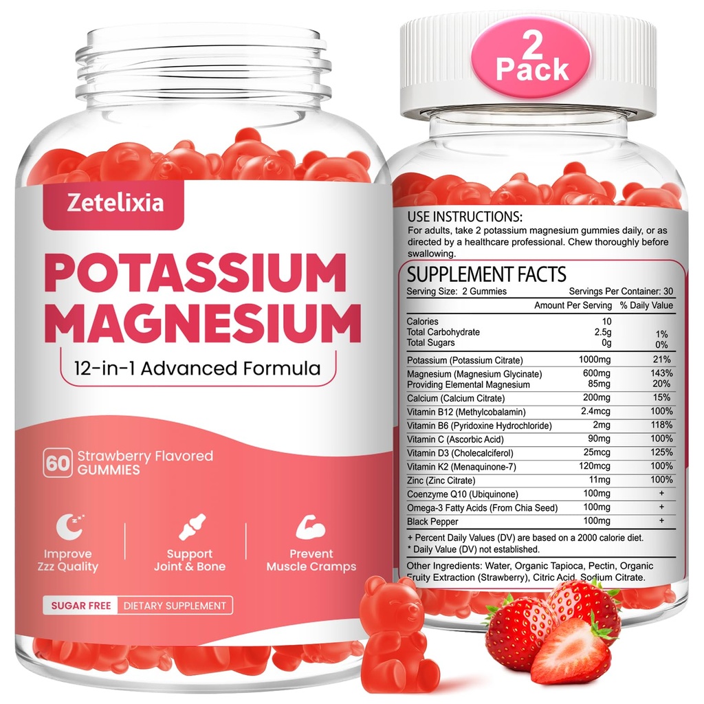 2 Pack Kalium Magnesium Ergänzung Gummi für Erwachsene Kinder, Magnesium Glycinat & Kalium Citrat, Plus Multivitamin, Omega-3 & Schwarz Pfeffer, Leg Cramps, Muskel & Herz Gesundheit, 120 Zähler