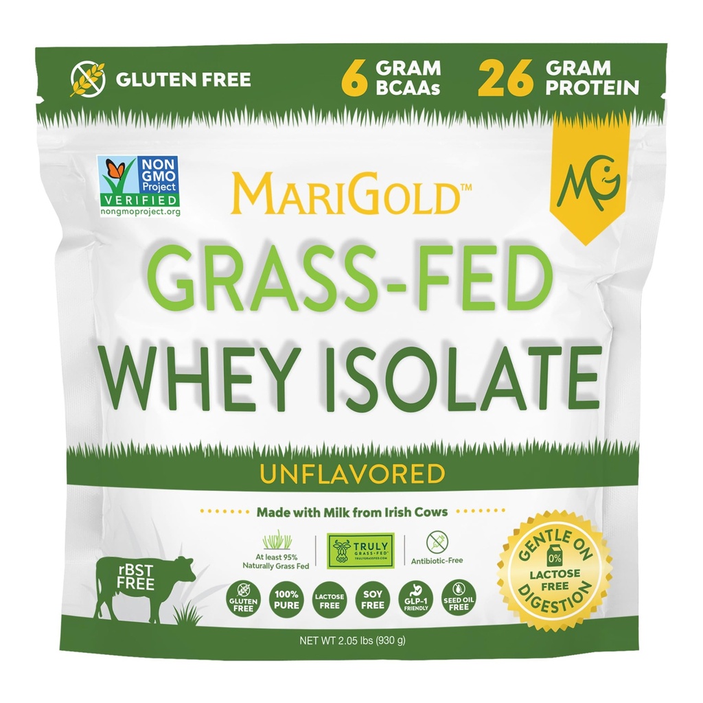 MariGold Grassfed Whey Isolate Protein Powder - Unflavored 2LB - Muskelaufbau & Erholung - 100% rein, kalt verarbeitet, Micro gefiltert, Non-GMO, rBGH Free, Soy Free, Glutenfrei, Lactosefrei