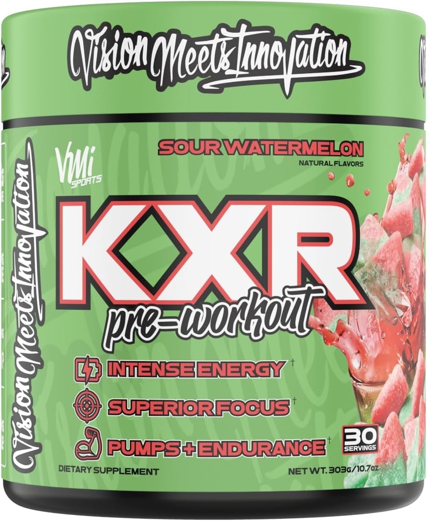 KXR Pre-Workout Energy Powder | Intense Energy Pre-Workout Drink für Männer und Frauen | Creatine Free | verbessert die Leistung - Enhanced Focus & Erhöht Endurance | 30 Servietten (Sour Watermelon)