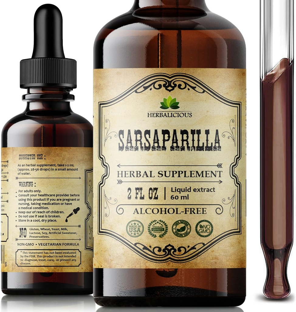 Sarsaparilla Liquid Extract – Smilax officinalis Kräuterergänzung – Non-GMO, Alkoholfrei, Glutenfrei, Natürliche Wurzeltonik – Traditionelle Kräuter-Wellness – 2oz Tropfen Flasche
