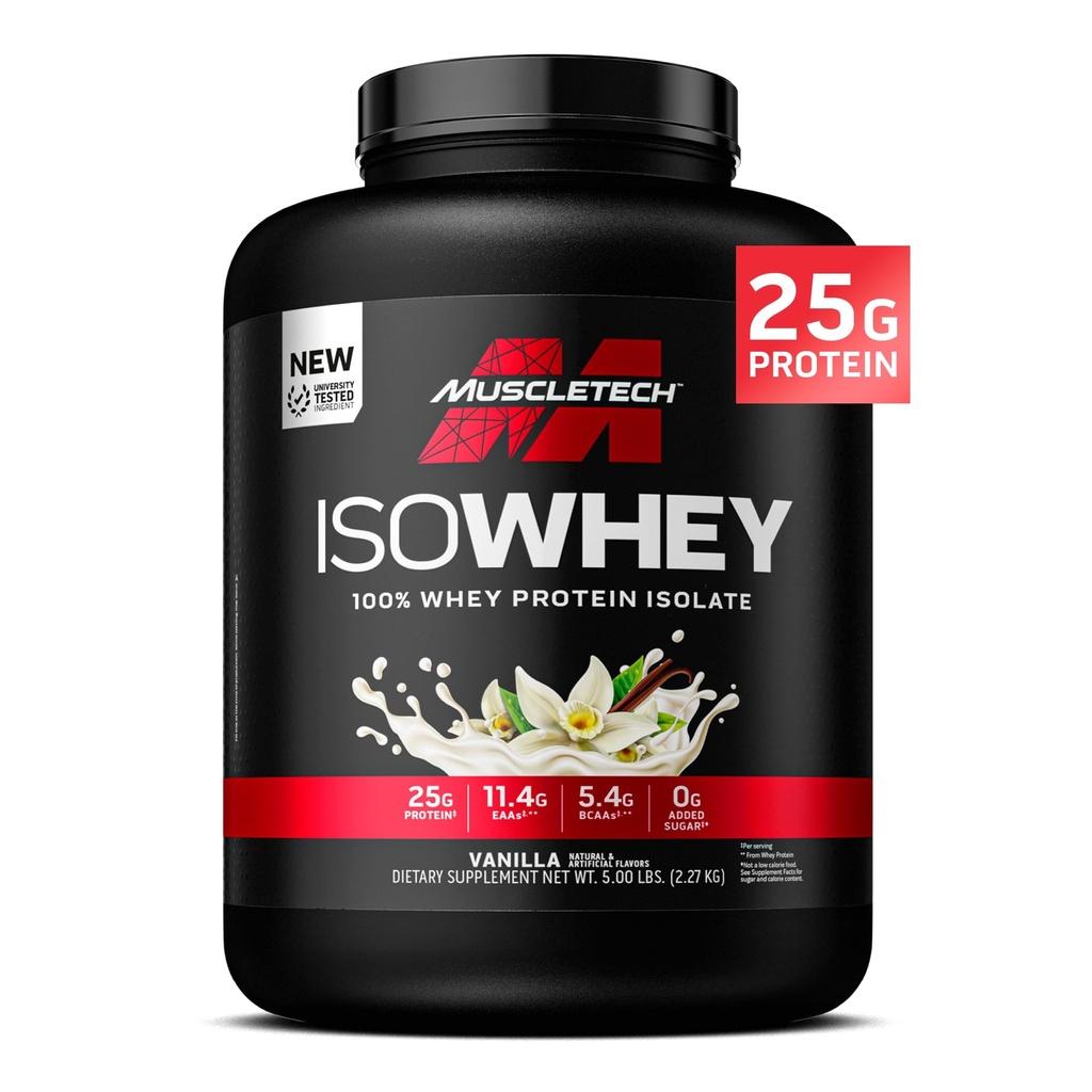 MuscleTech ISO Whey Isolate Protein Pulver, Vanille - Post Workout Gym Supplement für Lean Muscle Gain, Body Building Weight Gainer & Recovery - 25g Protein, BCAA, EAA & 0 Hinzugefügt Zucker - 5lbs