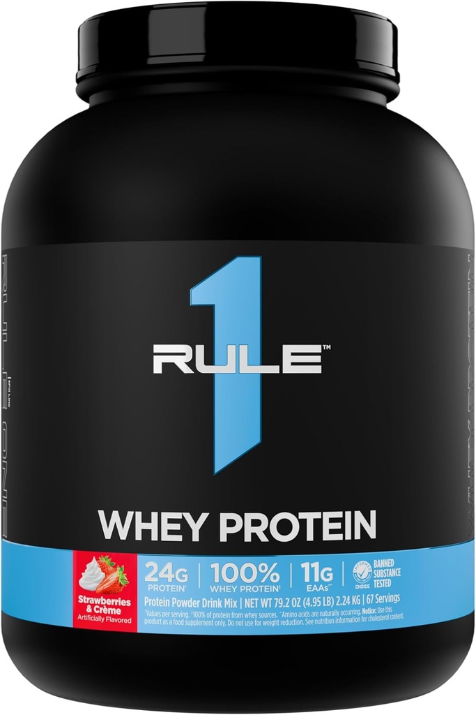 Rule 1 Whey Protein – 24g Fast-Acting Protein from All-Whey Sources with Naturally Occurring EAAs & BCAAs for Workout Recovery or Anytime Use (5 Pounds*, Strawberries & Crème)