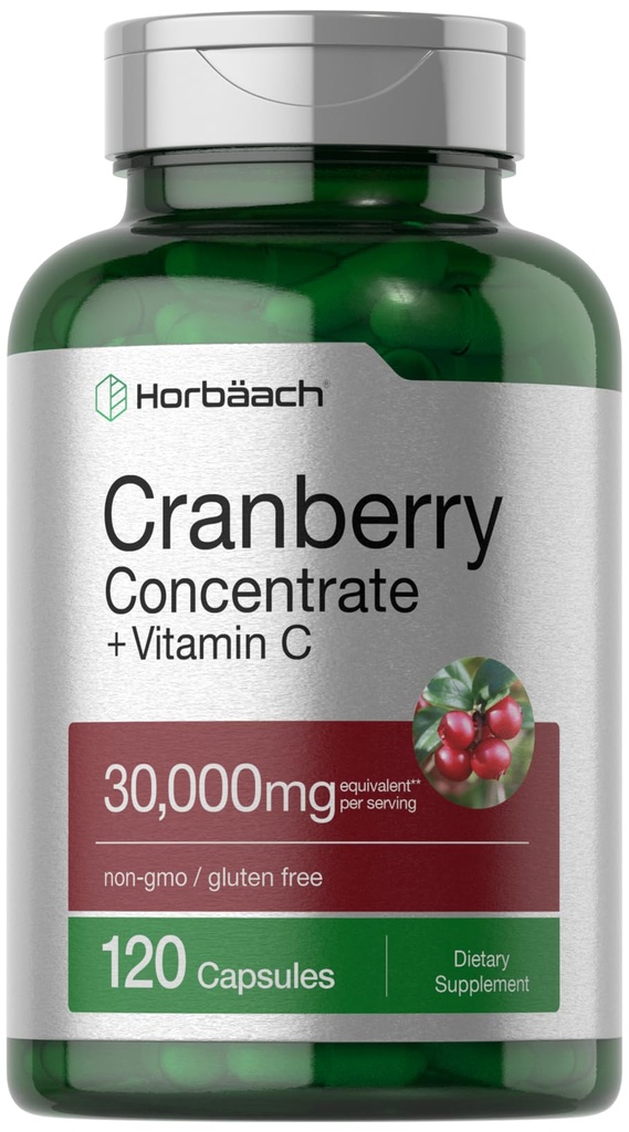 Horbäach Cranberry Konzentrat Extrakt Pillen + Vitamin C | 30.000mg | 120 Kapseln | Dreifache Stärke Ultimate Potency Formel | Non-GMO und glutenfreie Ergänzung
