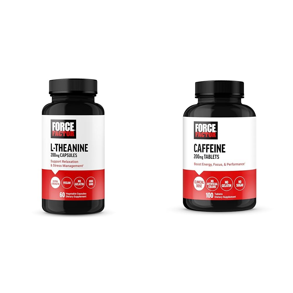 Kraftfaktor L-Theanin 200mg und Koffein 200mg Ergänzung Bundle für Stress Relief, Energie, Fokus und Leistung, 60 Kapseln und 100 Tabletten