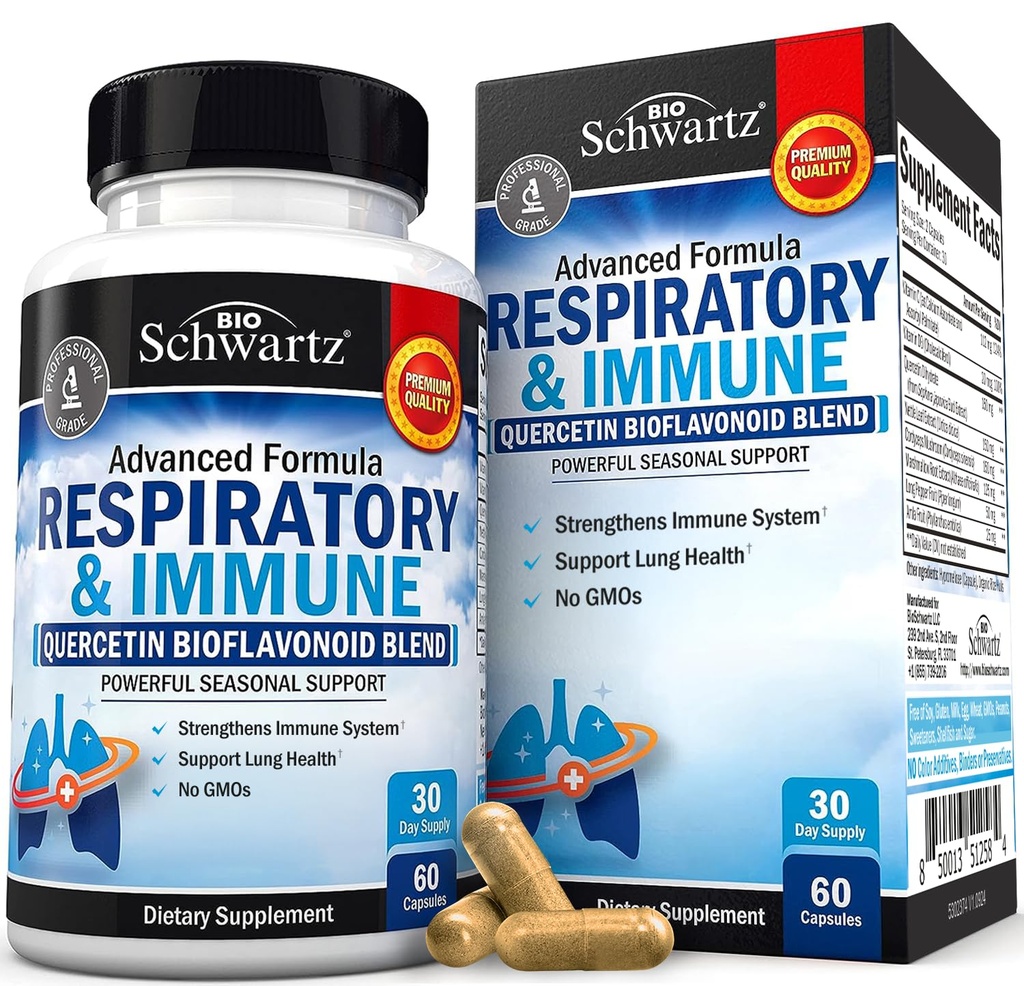 Atem- und Immununterstützungsergänzung mit Quercetin, Vitamin D & Cordyceps, Hilft beruhigende Atmungsprobleme während Loosening Mucus, Lung Health Vitamins für Frauen und Männer, 60 Kapseln