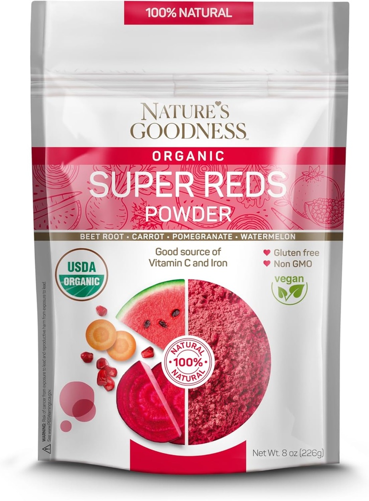 Nature's Goodness Super Reds Pulver mit Rübenwurzel, Karotte, Granatapfel und Wassermelone - Antioxidante Rich Superfood für Energie, Herzgesundheit und Detox – 16 Servierungen (8 oz)