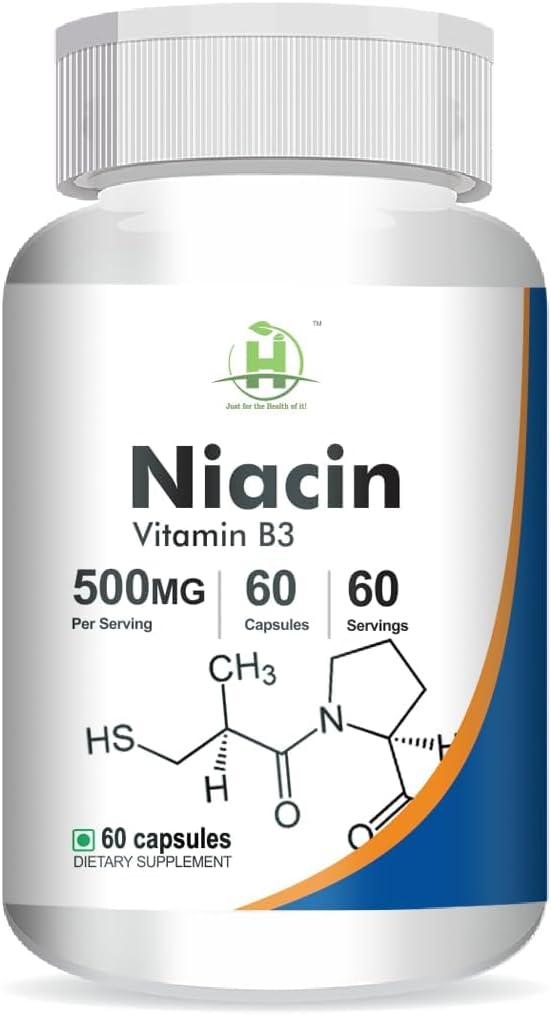 Generisches Niacin (Vitamin B3) 500mg Energy Levels| Hautgesundheit -60 Vegetarische Kapseln -Pack von 1