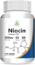 Generisches Niacin (Vitamin B3) 500mg Energy Levels| Hautgesundheit -60 Vegetarische Kapseln -Pack von 1