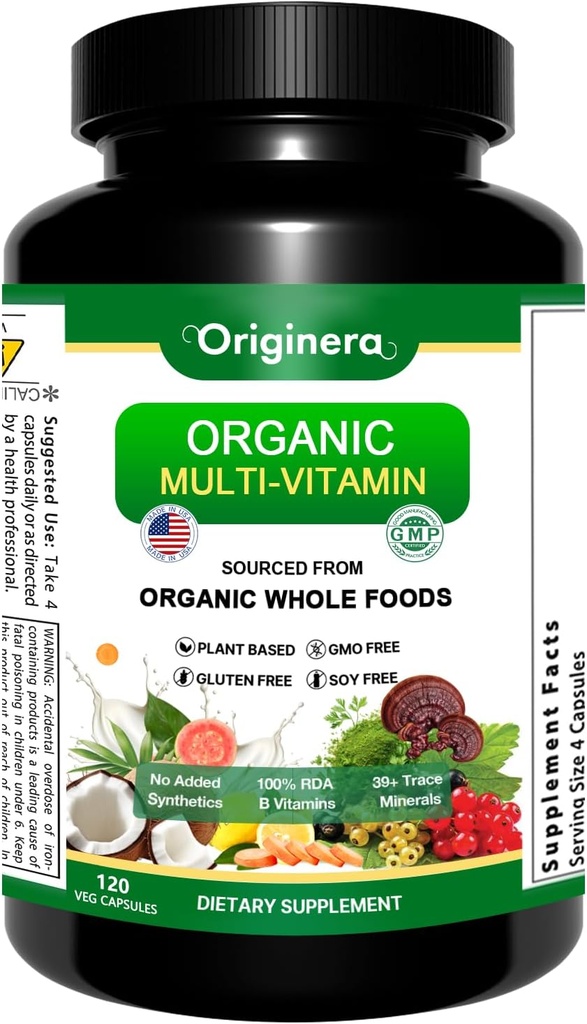 Bio Ganze Nahrungsergänzung, Multi-Vitamin: Immun, Gehirn & Herz Unterstützung | mit Präbiotika und Postbiotika | Vegan Kapseln für Männer & Frauen. Gluten- und Sojafrei - 120 pflanzen-Sourced Kapseln