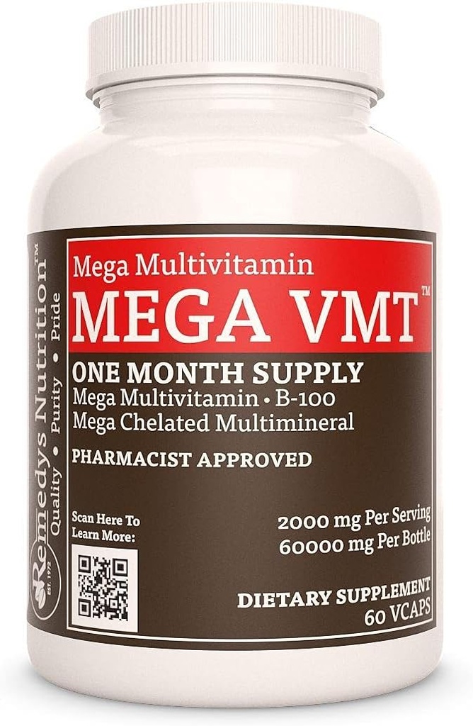 Remedy Ernährung Mega VMT | Täglich Multivitamin | 1.000 mg, 60 Vegan Kapseln Nahrungsergänzung mit Kräutern | Ein Monat Versorgung