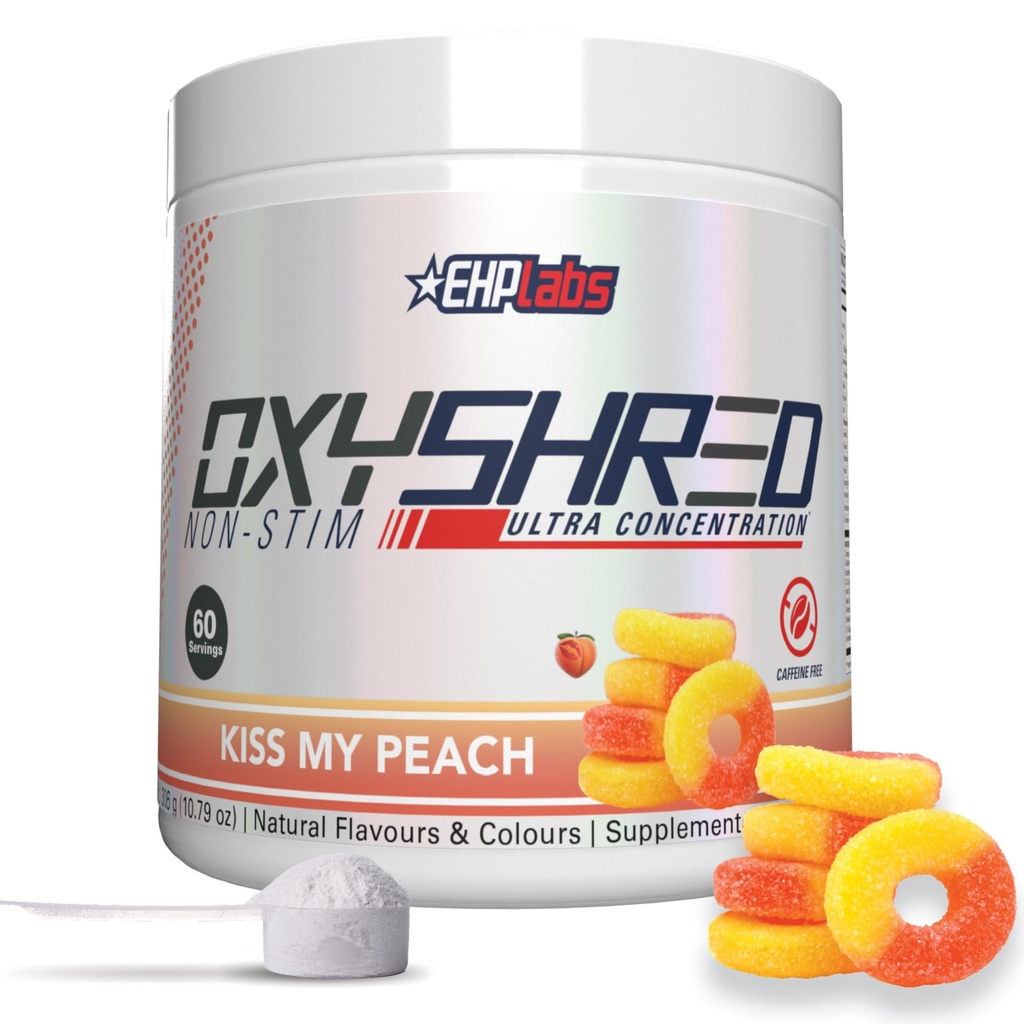 EHP Labs OxyShred Non Stimulant Pre Workout Powder - Stim Free Pre Workout, Koffein Free Preworkout für Männer und Frauen mit L Glutamine & Acetyl L Carnitin - Peach, 60 Servierungen