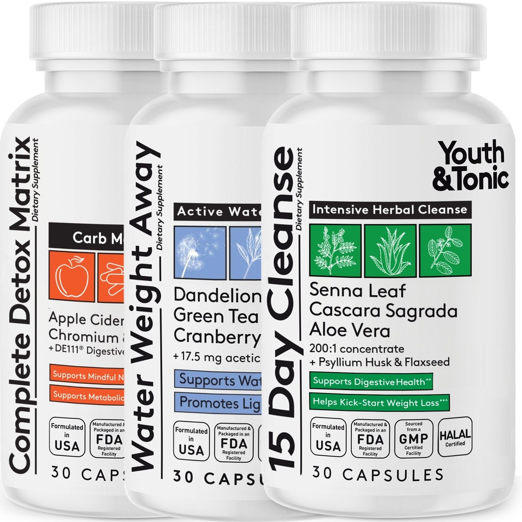 3pk Detox Cleanse Kick Off Weight Management | Colon Cleanser + Wasserverlust Pillen w Dandelion + ACV Full Body Detox + Probiotics | für Flat Stomach, Waistline, Stoffwechsel, Bloating – 90 Pillen