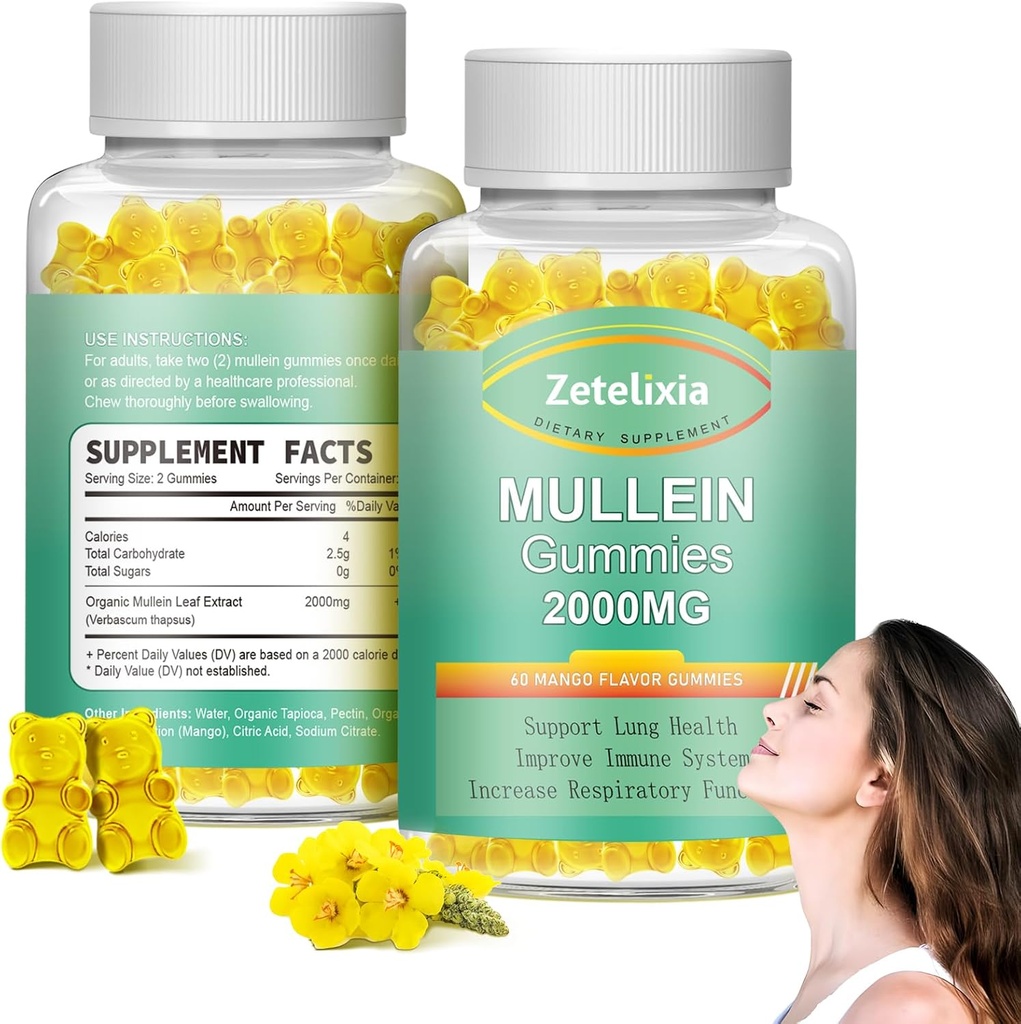 2 Pack Mullein Gummies - Mullein Blatt Extrakt für Lunge, Lung Detox Cleanse für Raucher,Mullein Lung Unterstützungsergänzung für Immununterstützung,Mucus Relief, 120 Sugar Free Vegan Gummies