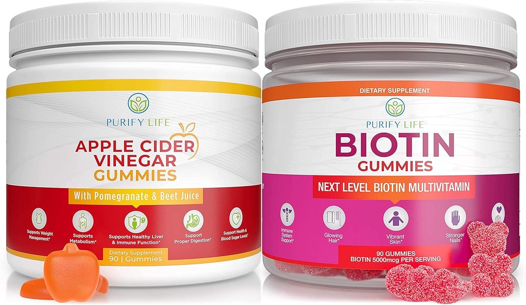 Purify Life Apple Cider Essig & Biotin Bundle, Gummie für Haarhaut und Nägel (Bulk - 90 Chews), Gut Health & Digestion, Immununterstützung, Detox, Metabolismus- keine Kapseln, Pillen, Tabletten oder Syrup