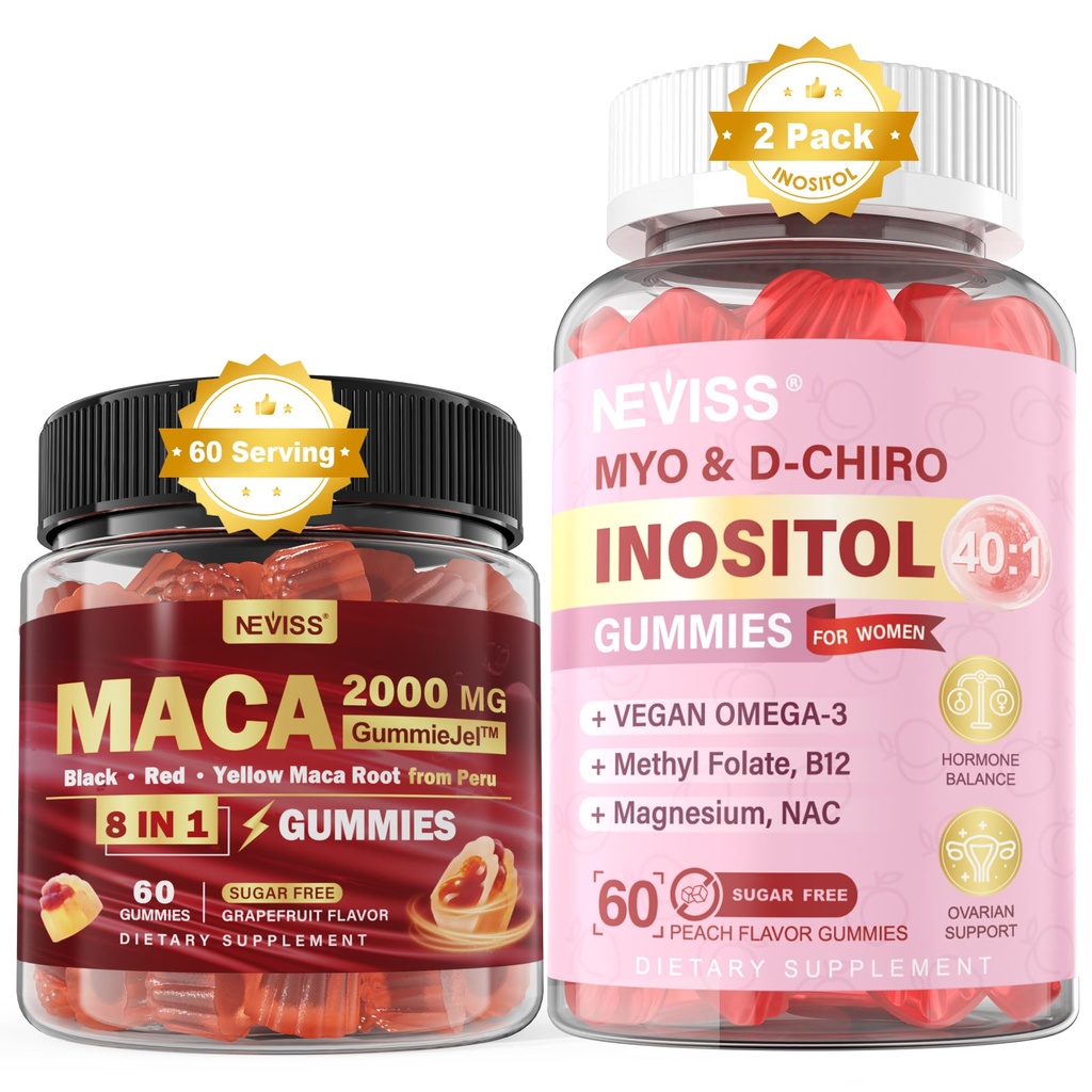 NEVISS Sugar Free 1Pack Maca Root gefüllte Gummis & 2Pack Myo-Inositol & D-Chiro Inositol Gummis