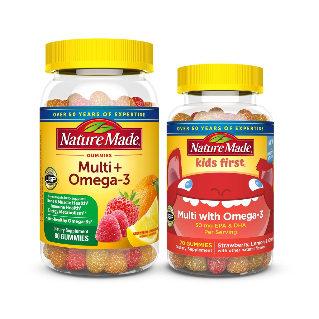 Natur Made Adult & Kinder Multivitamin Gummis Combo Pack, Multis mit Vitamin C, Vitamin D3, B Vitamine, Zink, Omega 3 Fish Oil &amp; More, Zwei Multivitamin Flaschen für ganze Familie