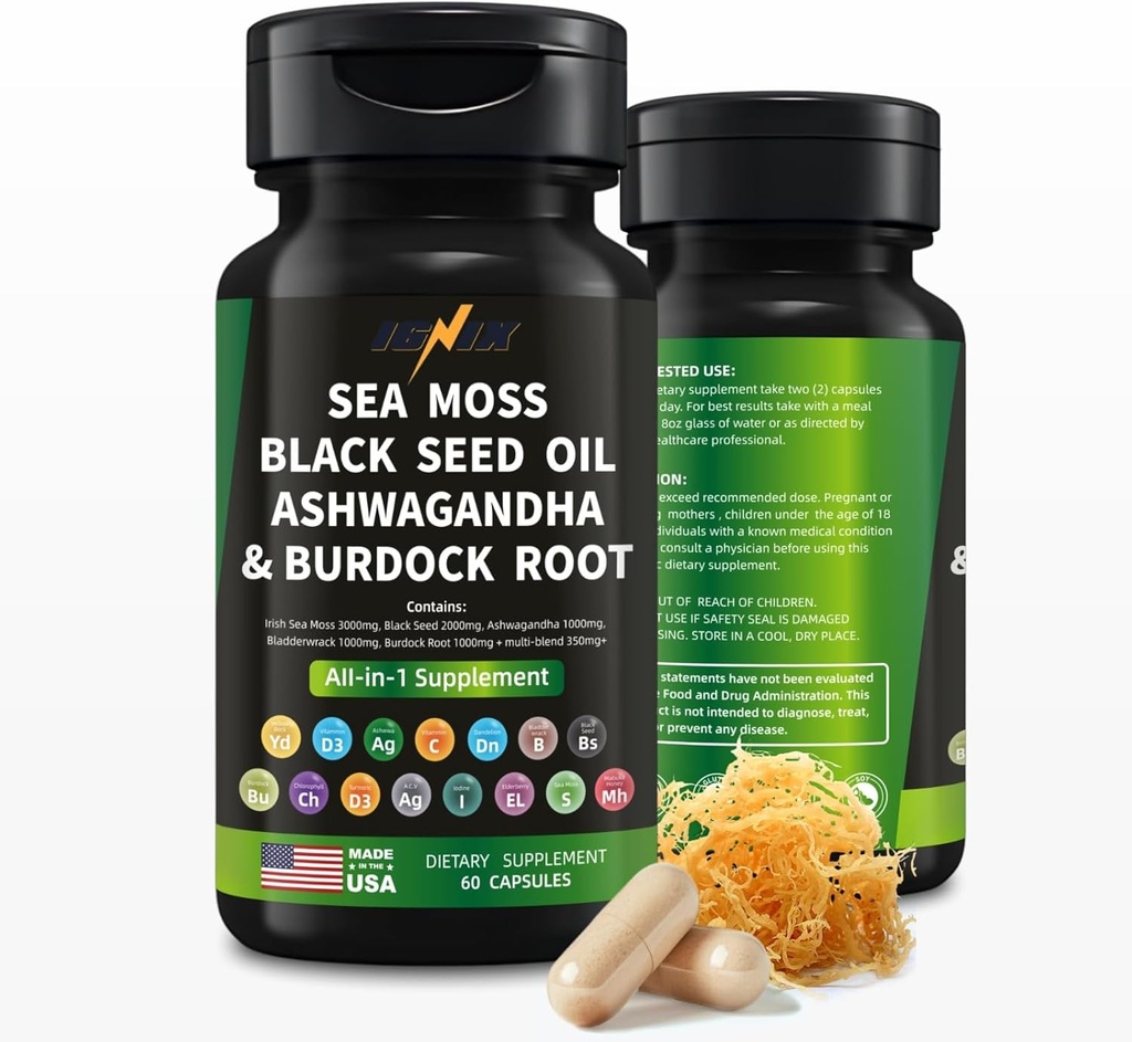 IGNIX Nahrungsergänzung mit Sea Moss, Black Seed Oil, Ashwagandha und Burdock Root-Irish Sea Moss 3000mg, Black Seed 2000mg, Ashwagandha 1000mg, Bladderwrack 1000mg, Burdock Root 1000mg.