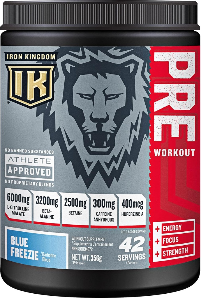 Iron Kingdom Pre Workout Pulver für Männer & Frauen Koffein, Beta Alanine & Aminos für intensiven Fokus Endurance & Pump - Preworkout Energy Drink Powder Natural Blue Freezie - 42 Portionen