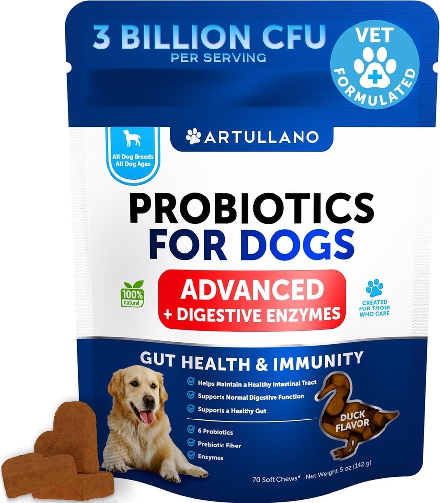 Probiotika für Hunde - Unterstützung Gut Gesundheit, juckende Haut, Allergien, Immunität, Hefe Balance - Hundeprobiotika und Verdauungsenzyme mit Präbiotika - Reduzieren Sie Durchfall, Gas - 70 Probiotische Kauen für Hunde