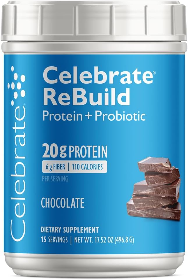 Celebrate Vitamins Rebuild Protein Powder with Probiotics & Prebiotics - 20g Whey Isolate Protein, High Fiber, for Post Bariatric Surgery Patients - Chocolate (15 Servings)