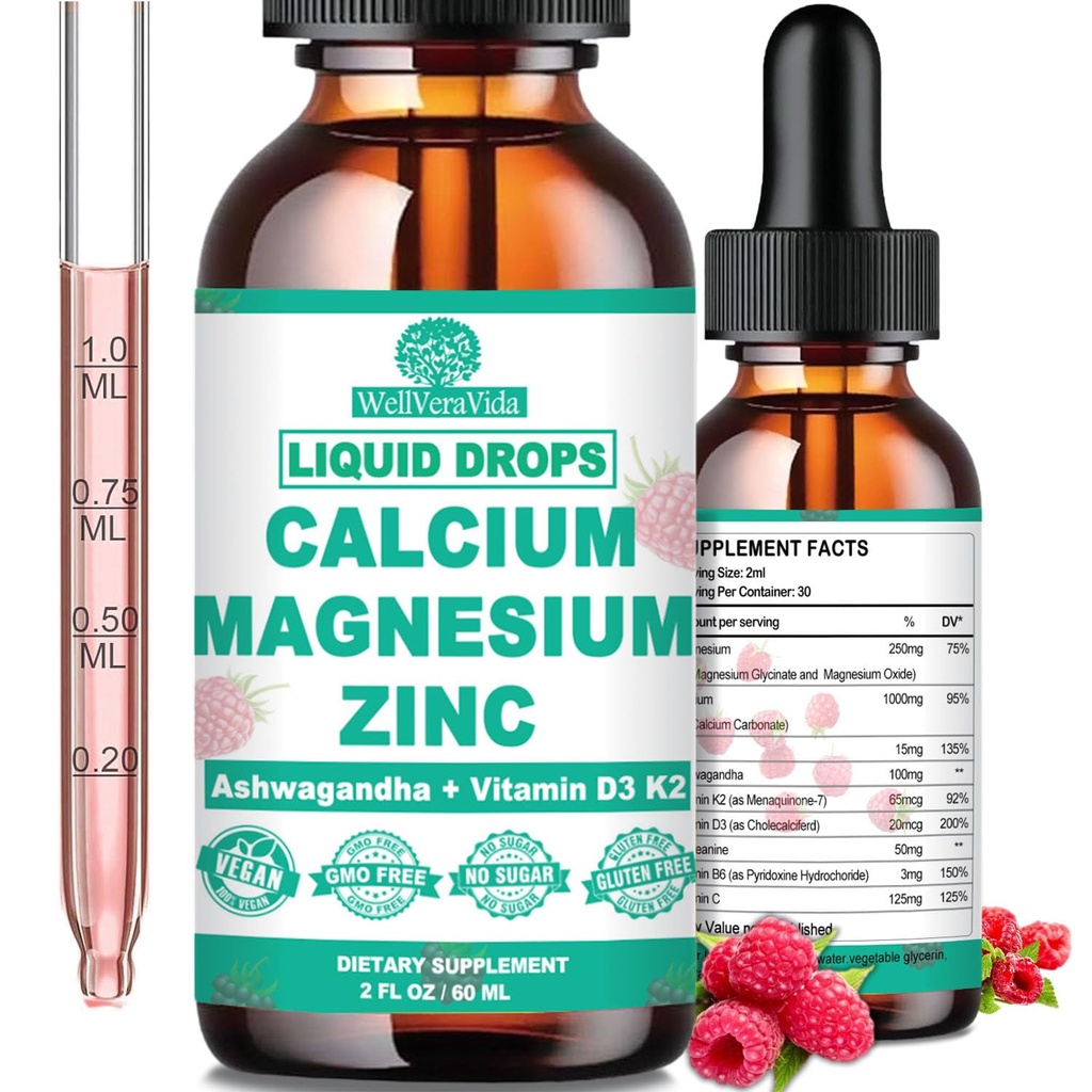 Calcium Magnesium Zink D3 mit Calm Magnesium Glycinate Plus Ashwagandha, L-Theanin, Flüssiges Calcium mit Vitamin D3 und Magnesiumergänzung für Immun-, Knochen-, Muskel-, Mood- und Schlafunterstützung