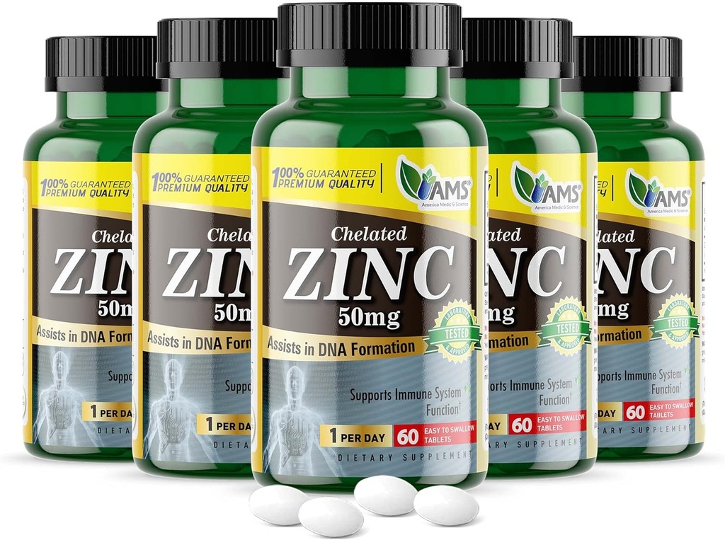 Amerika Medic & Science Chelat Zink 50 mg Ergänzungen (5 Packung mit 60 Tabletten) Immun Booster und leistungsfähige Antioxidante Pillen für Erwachsene Männer und Frauen | Hoch absorbierbares Mineral, verbessert Mood & Schlaf