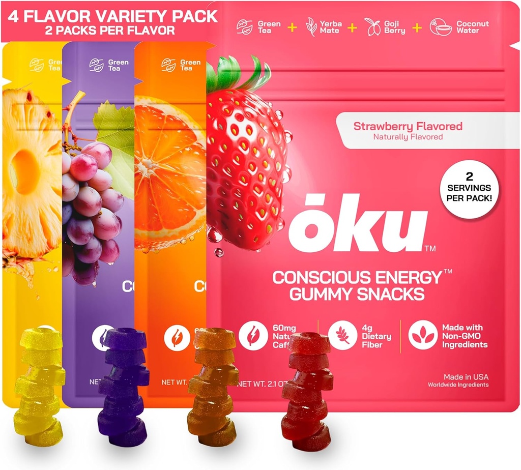 ōku Energy Chews - Energy Gummies w/Natural Caffeine von Green Tea | Yerba Mate, Kokoswasser für Hydration, 4g Fiber Gummy, Non-GMO | Running, Cycling, On-The-Go Snacks, Variety Pack (8-Pack)