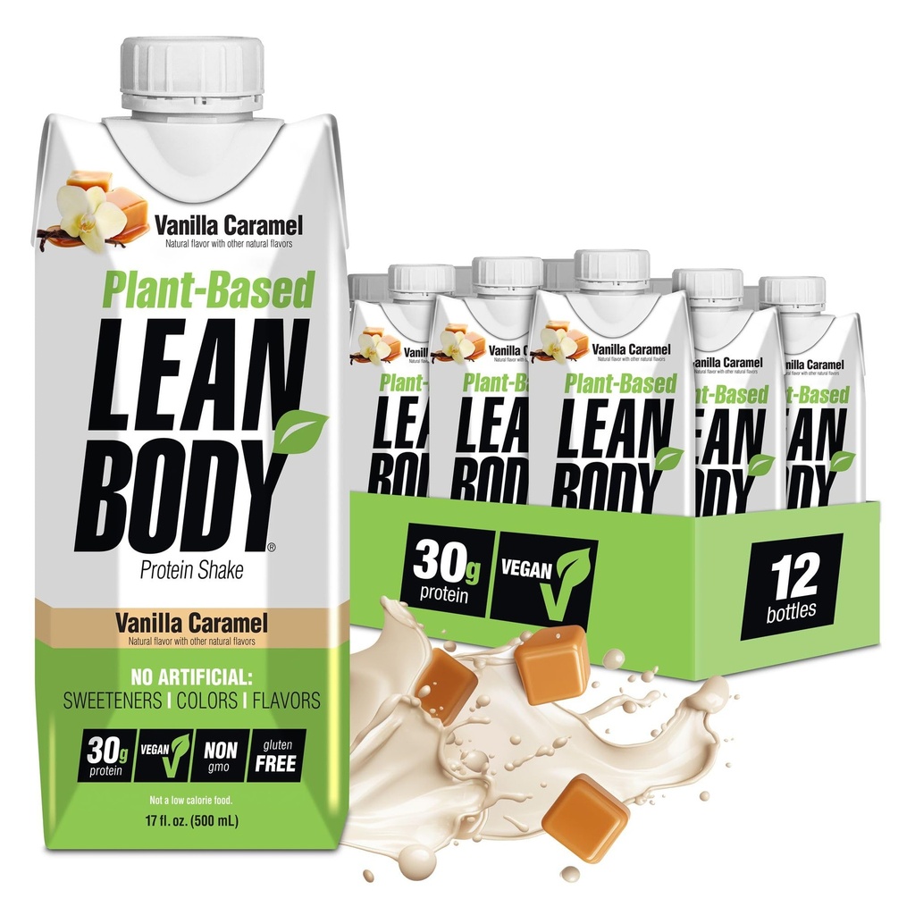 Lean Body Ready-to-Drink, Plant-Based Vegan Vanille Caramel Protein Shake, 30g Protein, keine künstlichen Geschmacksrichtungen, Süßungsmittel oder Farben, Non GMO, Gluten Free, Premium Pea & Rice Blend (Pack von 12)