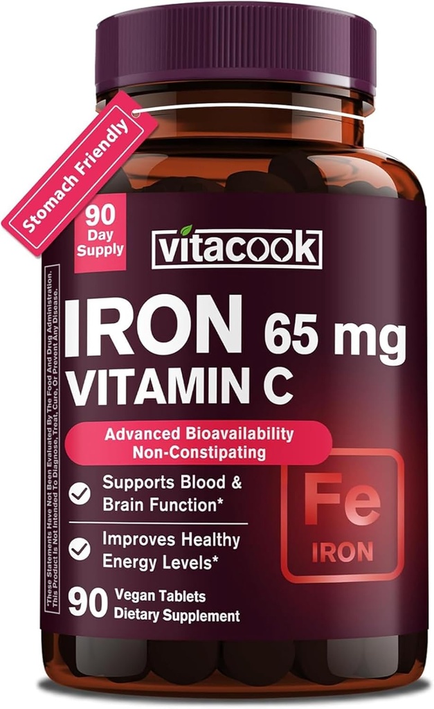 Eisen Ergänzung für Frauen Männer | Hohe Potenz Eisen 65mg mit Vitamin C 250mg | Stomach Freundliche Eisen Pillen für Rote Blutzelle & Immununterstützung | Vegan, Non-GMO & Gluten Kostenlose | 90 Tabletten