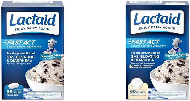 Lactaid Fast Act Lactose Intolerance Relief Caplets mit Lactase Enzyme, 96 Count & Fast Act Lactose Intolerance Chewables mit Lactase Enzymes, Vanilla, 60 Count (Pack von 1)